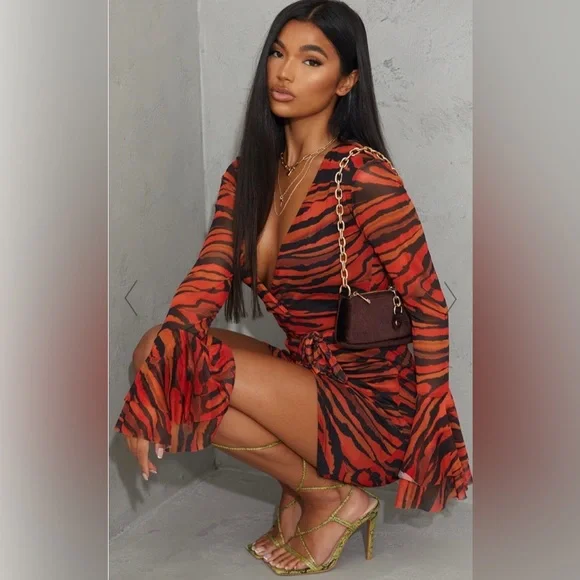 orange zebra print mesh flared sleeve tie waist bodycon dress Timeless Halter Maxi Dress – Hand-Dyed Open Back Dress with High Slit main image 1